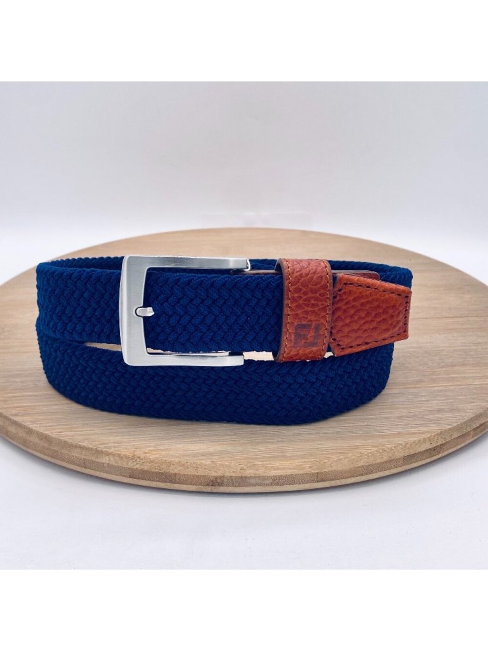 Footjoy Golf Belt Mens M Blue Braided Nylon Tan Leather Trim Silver Buckle